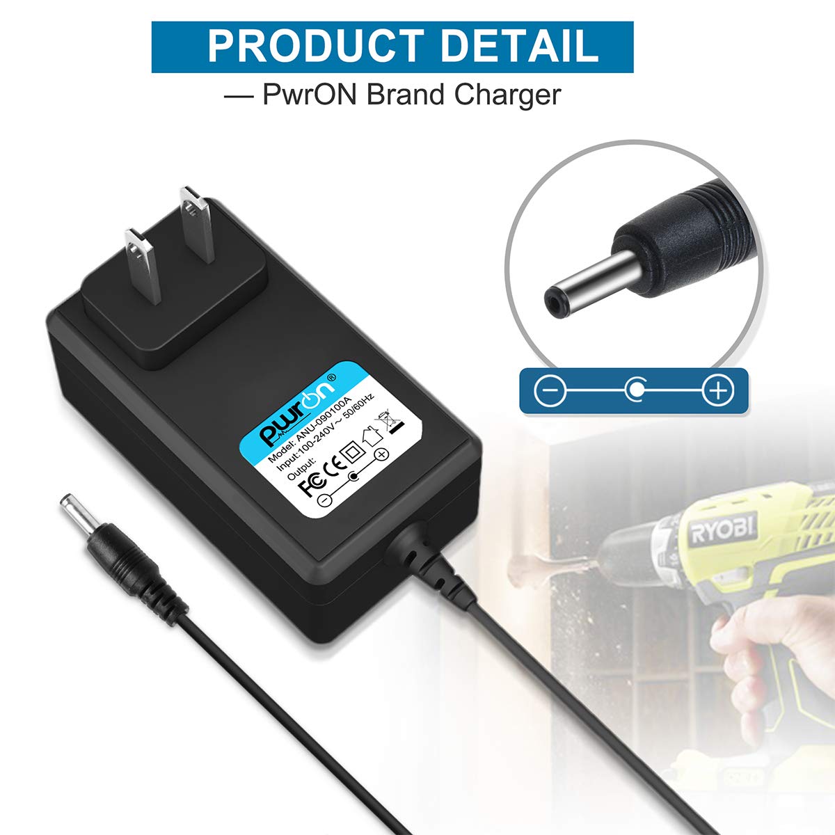 Pwron 6.6Ft 9V Ac To Dc Adapter Compatible With Ryobi Hp108L 8 Volt Lithium Ion Cordless Kit Drill Driver Zrhp108L Sa721, Ryobi Ch124 720391002 Class 2 Power Supply Cord